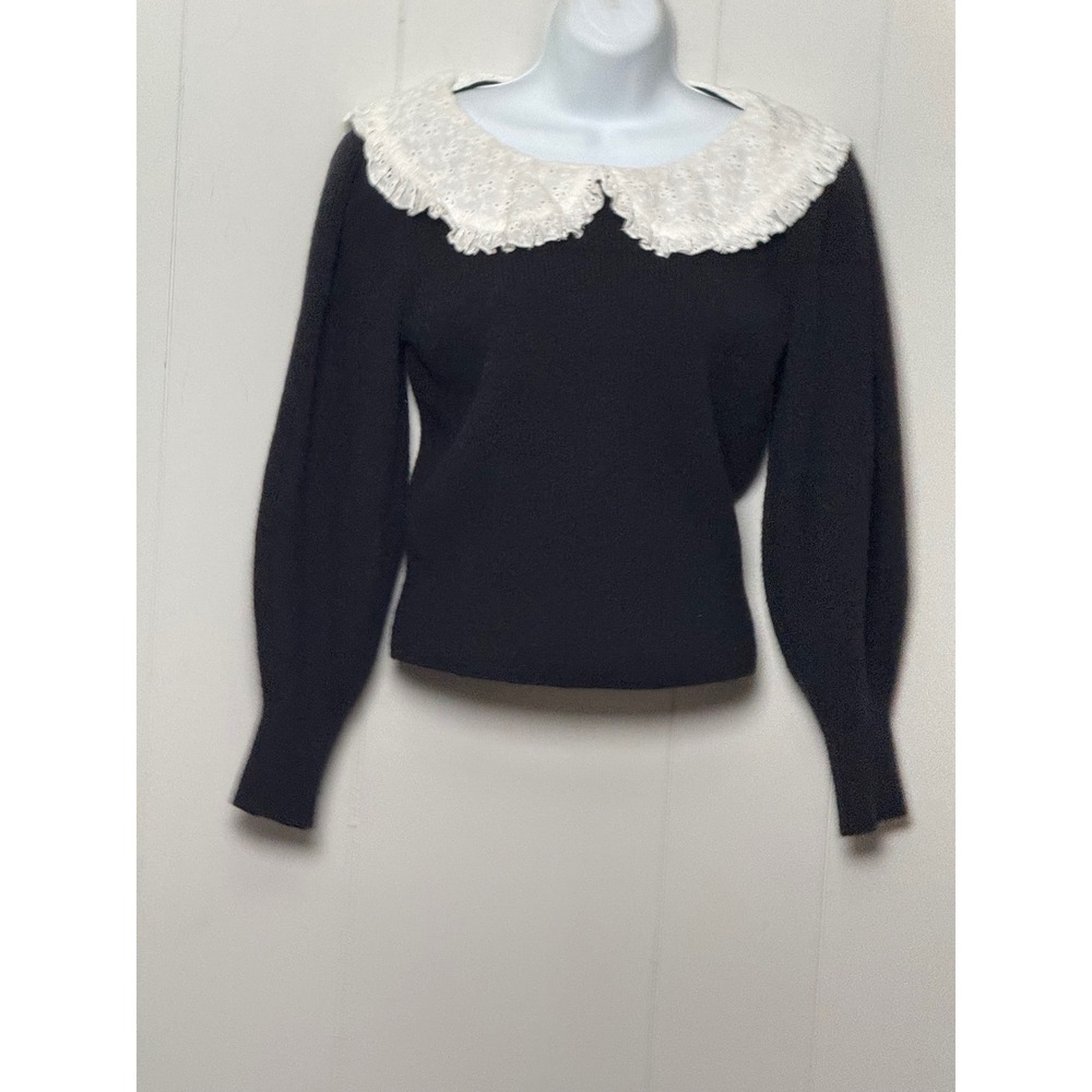 Lush Black Ribbed Knit Sweater White Eyelet Lace Peter Pan Collar Puff Slv Sz L